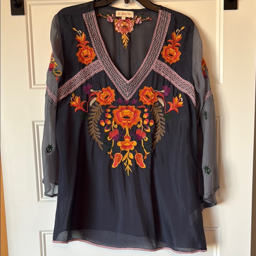 All About Her Boho Embroidered Floral Sheer Top 100% Cupro